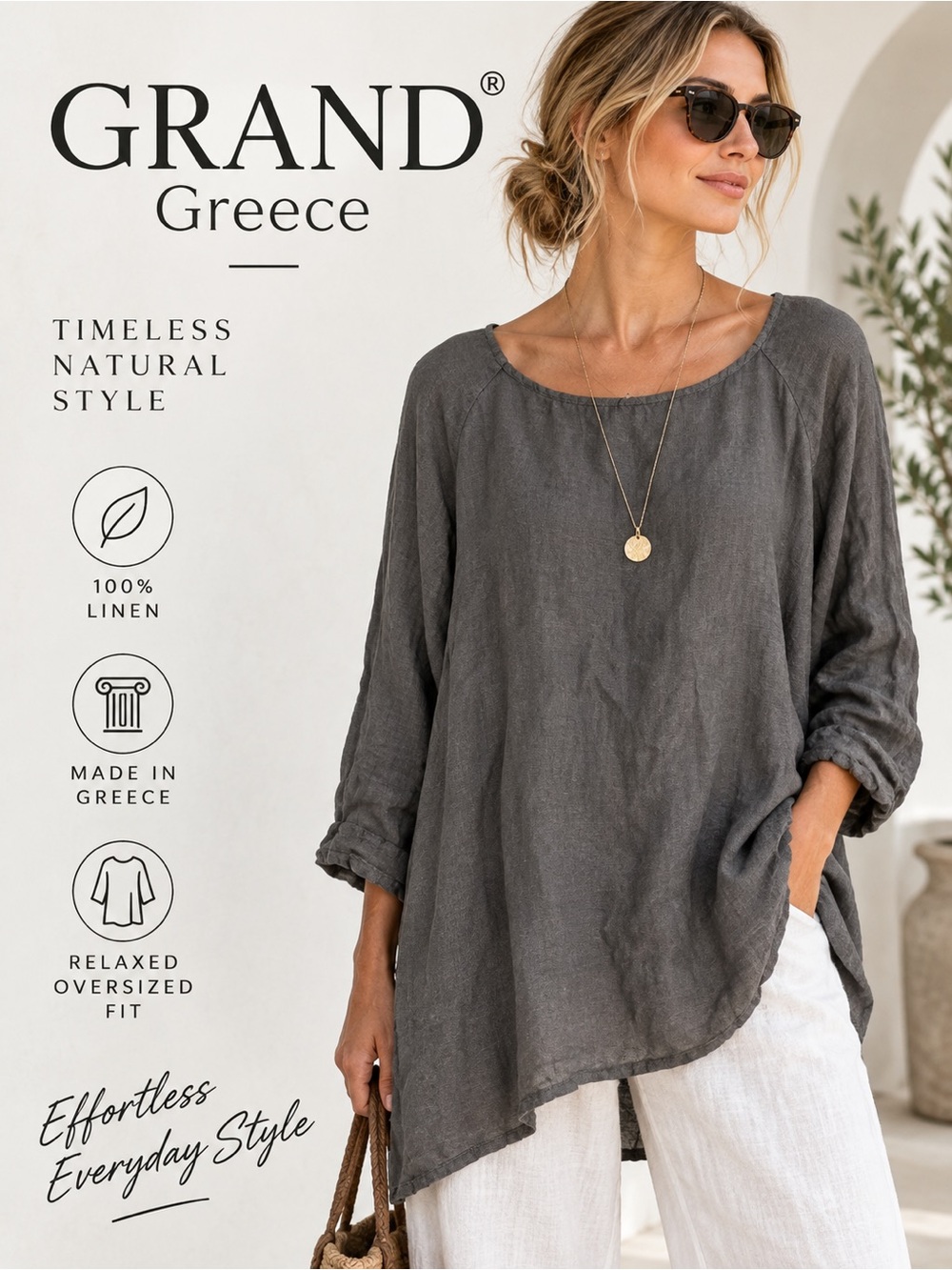 GRAND Greece Women’s Linen Tunic Top Size 2 Gray Oversized Lagenlook Artsy